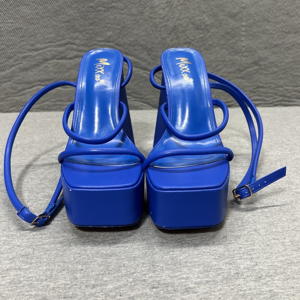 Mixx Shuz Platforms Blue Satin Heels Shoe  Women's Size 8.5 Ankle Wrap Straps - Picture 4 of 14